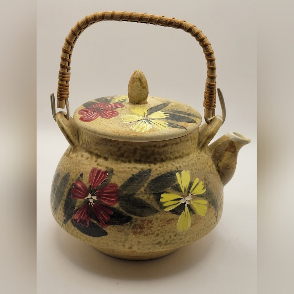 Nasco Teapot Japan Fine Stoneware Hand Painted Flowers Bamboo Wrapped Handle - Picture 1 of 13